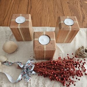 Wooden Candle Holder Set - Natural and Brown - Set of 3
